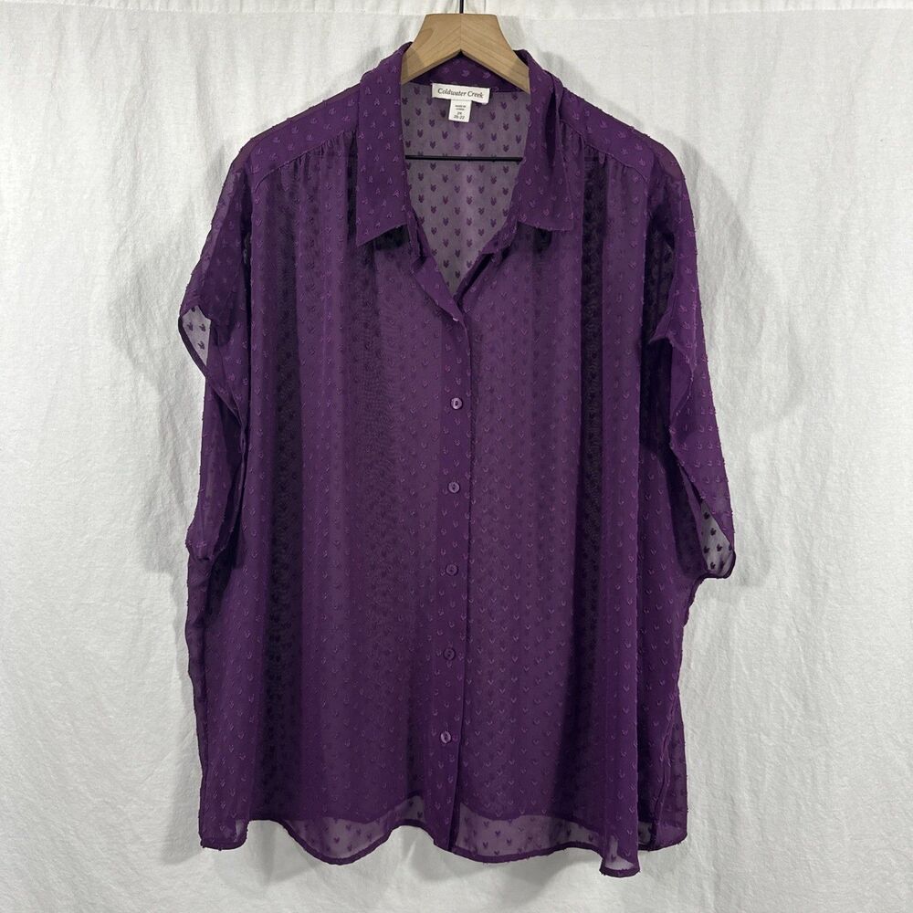 Coldwater Creek Purple Sheer Swiss Dot Button Up Dolman Sleeve Top Womenโs Sz 2X